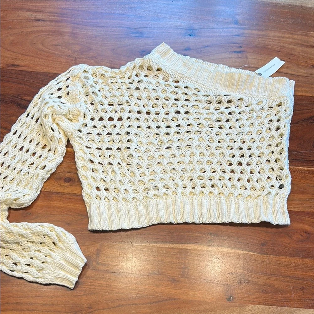 Anthropologie Cream One-Shoulder Mesh Blouse - Picture 3 of 11